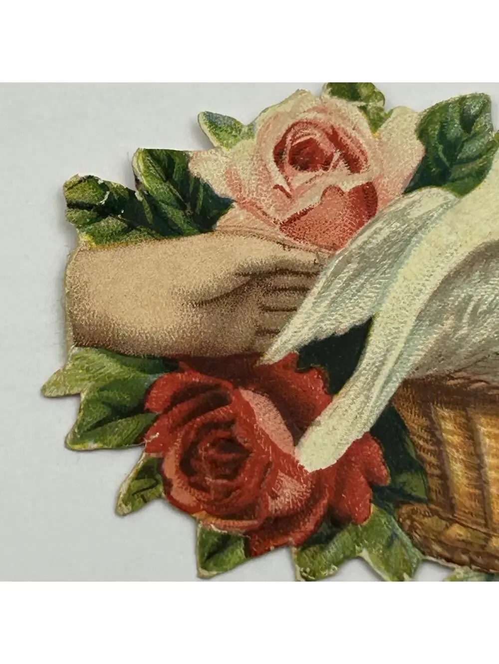 Antique Victorian Hidden Name Calling Card Die-Cut Roses Doves Hand 1890s F2